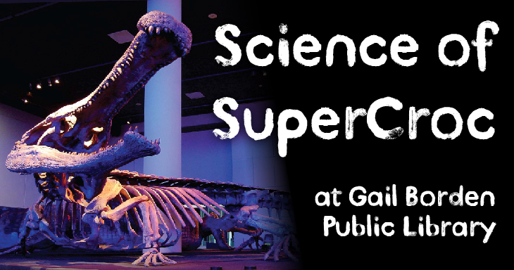 Title with photograph of SuperCroc skeleton. (Photo from Project Exploration)
